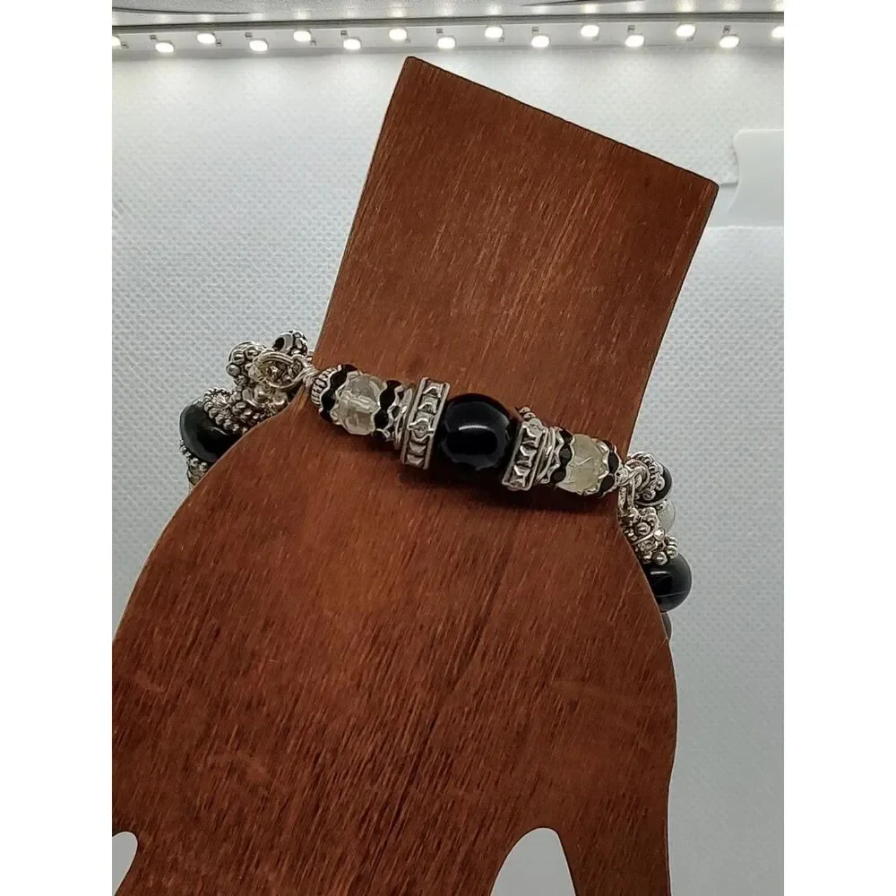 Multi-Stranded Black Silver Tone Elastic Stretch Opalite Beaded Bracelet 7.5
